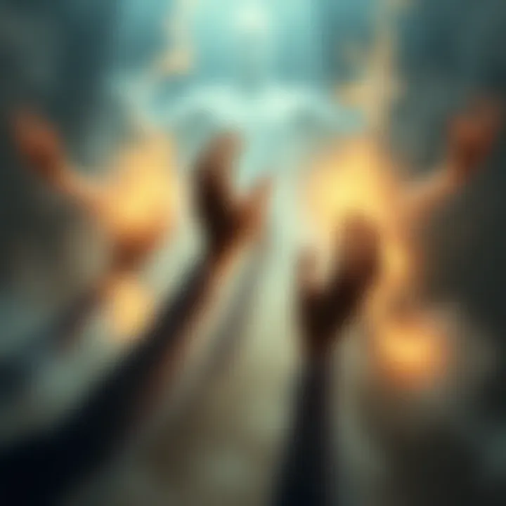 A mystical depiction of spirits reaching for nourishment, surrounded by ethereal light and shadows, symbolizing the desire for sustenance beyond life