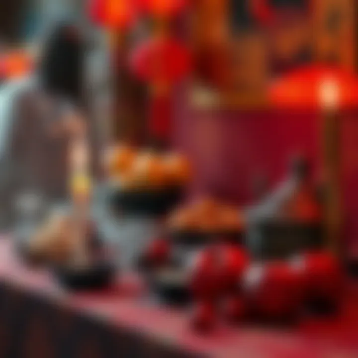 An altar set up with food and incense for the Hungry Ghost Festival, featuring fruits and a lit candle