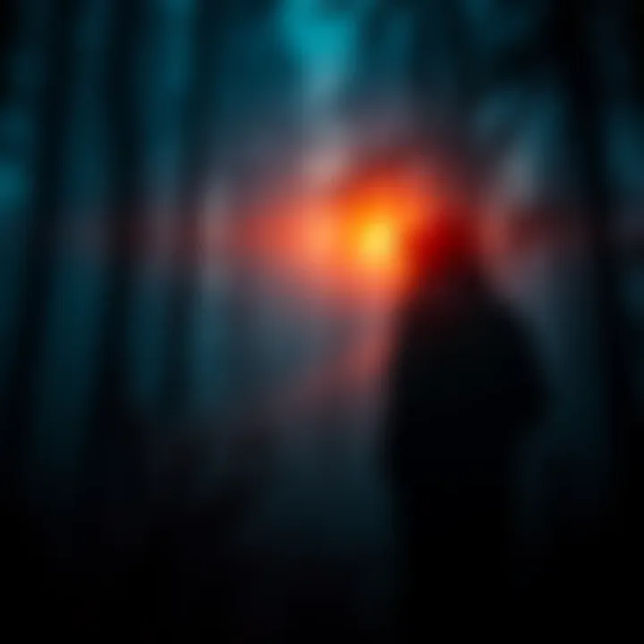 A Canadian hunter standing in a dark forest, looking alert as he spots a shadowy figure in the distance.