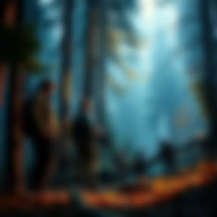 Hunters in the Woods A group of hunters standing in a dense forest, looking at their equipment, with no evidence of Dogman in sight.