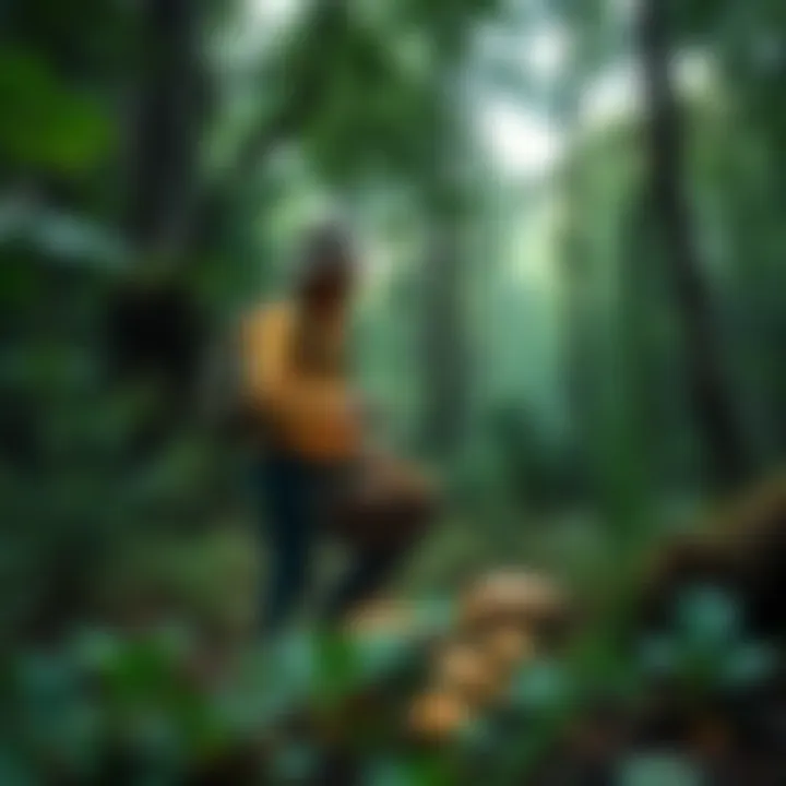 A person foraging for mushrooms in a lush green forest, with a basket in hand, surrounded by trees and plants.