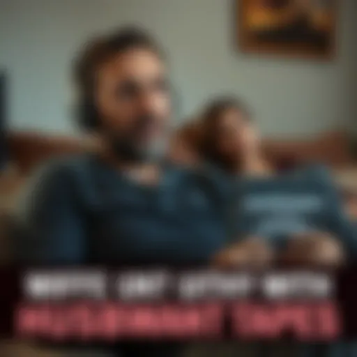 A man wearing headphones sitting on a couch, looking contemplative while holding a Gateway Tape box, with his wife looking concerned in the background.