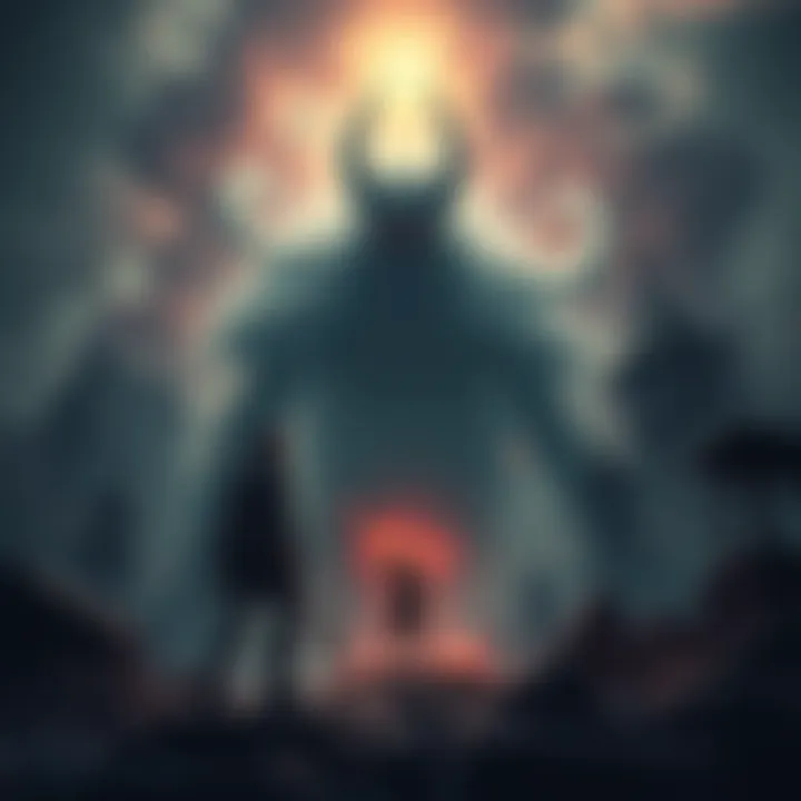 Hybrid warrior stands against evil A brave hybrid child surrounded by darkness, facing a monstrous shadow in a cursed city.