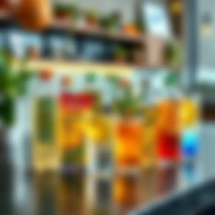 A variety of hydration options including coconut water, herbal tea, and electrolyte drinks are displayed on a table, suggesting unique alternatives to traditional hydration methods.