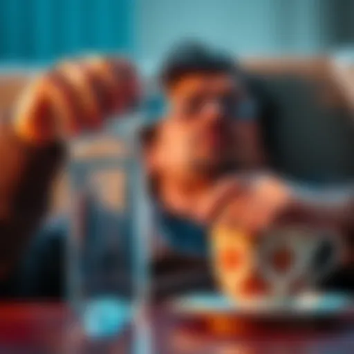 A person drinking water while feeling unwell, with a bottle of water and a tea cup nearby, illustrating the importance of hydration when sick.