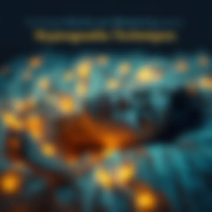 Individual lying on a bed, surrounded by calming imagery, with closed eyes and a relaxed expression, demonstrating hypnagogia practices