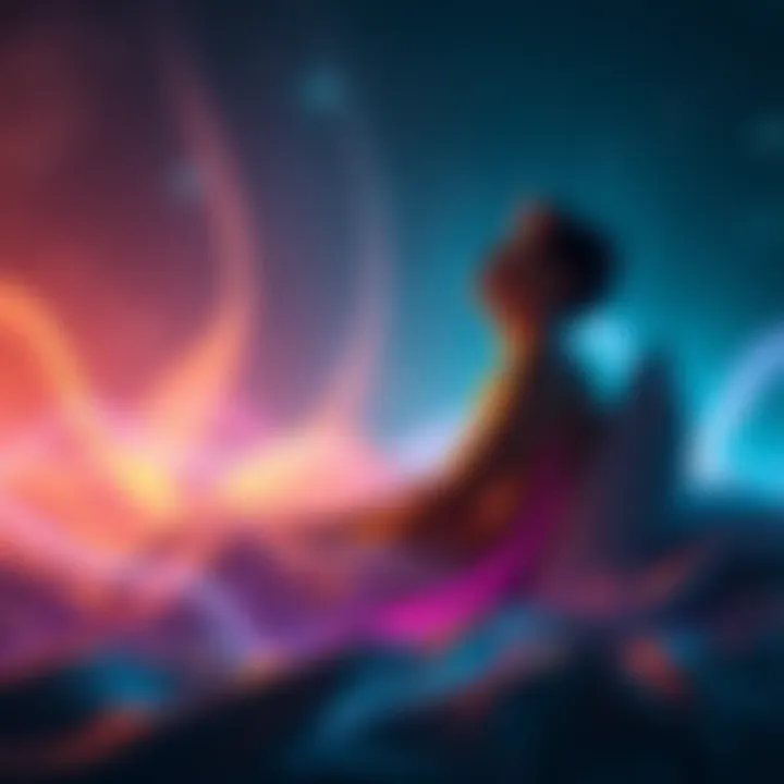 A person sitting comfortably with eyes closed, a dreamy atmosphere surrounding them, as colorful waves flow around symbolizing the transition from wakefulness to sleep.