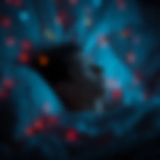 A person lying in bed with eyes closed, surrounded by faint, colorful lights and abstract shapes representing dreams, conveying a sense of serene control over their experience.