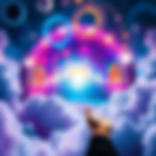 A vibrant scene featuring colorful stargates surrounded by swirling clouds, with a person reaching out towards them, indicating interaction.