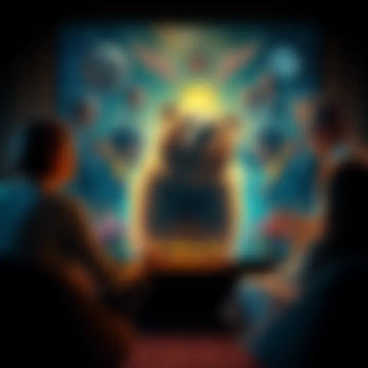 Client in a hypnosis session visualizing a bear, representing her past life connection, with symbolic elements of family and emotion surrounding her.