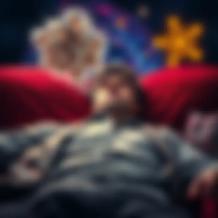 A person lying on a couch during hypnosis, with a dreamy expression, surrounded by visuals of metallic lead and atomic symbols.