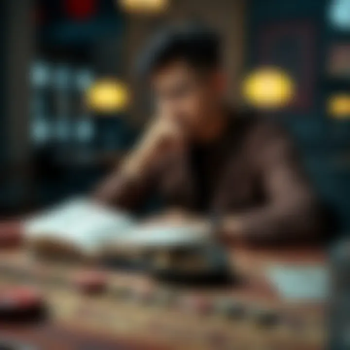 Individual sitting at a table with I-Ching texts and coins, reflecting on life decisions