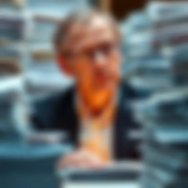 Dr. Ian Stevenson surrounded by stacks of papers related to reincarnation cases, looking thoughtful