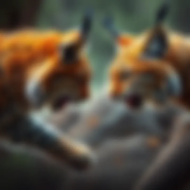 Two Iberian lynxes facing off in a dramatic confrontation, evoking ancient myths with their fierce poses.