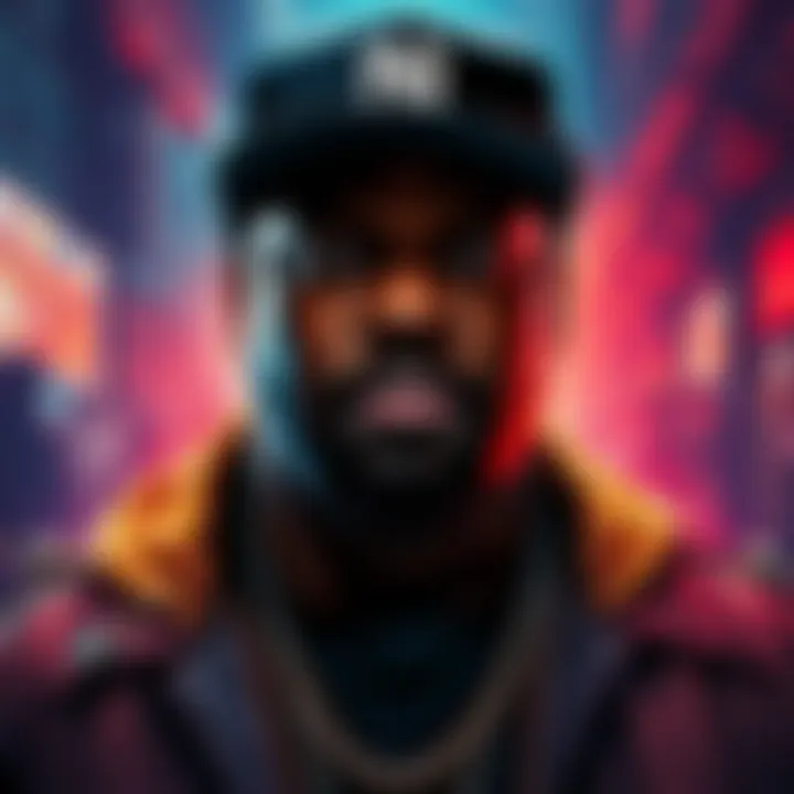 Artistic representation of Ice Cube with elements symbolizing hip hop culture and conspiracy theories