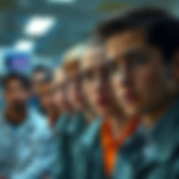 A group of diverse individuals in a detention center looking worried, with a focus on their expressions reflecting concern and uncertainty about their treatment.