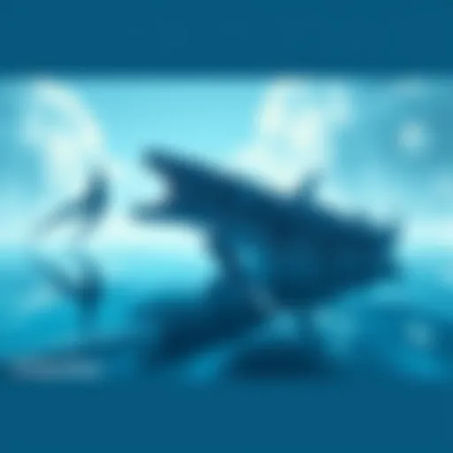 A serene illustration showing Ichthyotitan in a calm aquatic setting, representing a peaceful moment in the evolution of Leviathans.
