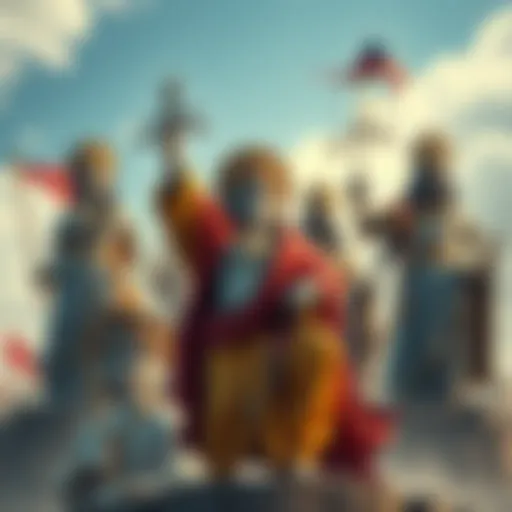 A collage of various deities representing revolution and justice from different cultures, showing symbols of protest and equality.