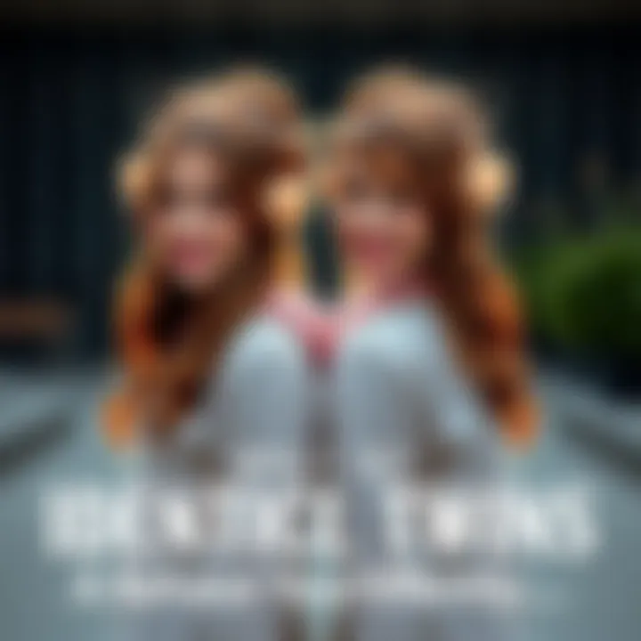 Two identical twin sisters smiling while showing their different styles and personalities