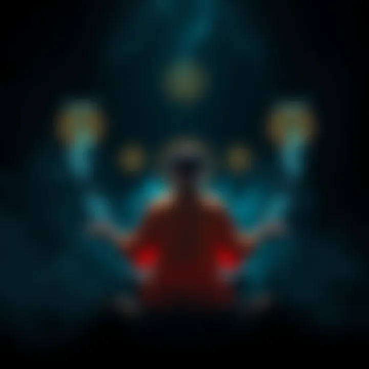 A person meditating with protective symbols around them, surrounded by dark shadows representing negative energy.