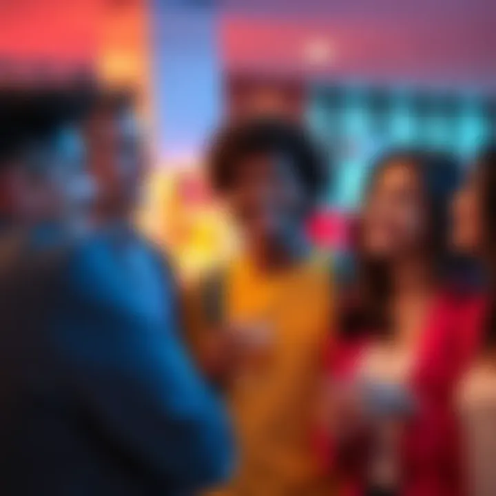 A group of friends talking, with one person showing fake smiles while others appear genuine.