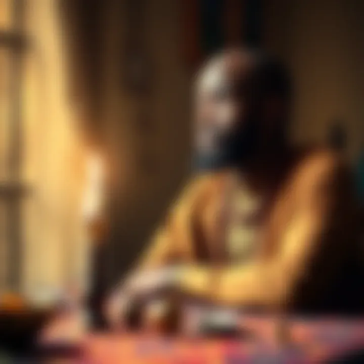 A person sitting at a table with Ifa divination tools, looking thoughtfully as they seek spiritual guidance.