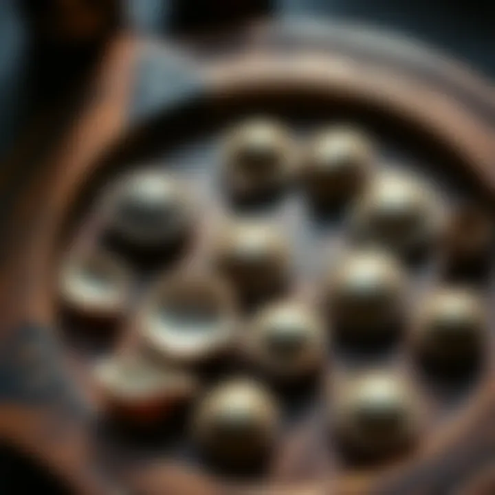 An arrangement of Ifá divination tools including a wooden Ifá tray and divination shells used for readings.