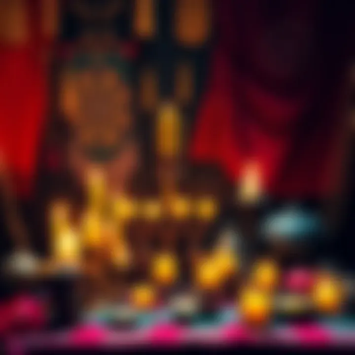A colorful altar setup with candles, offerings, and symbols related to Ifá and Santeria rituals.