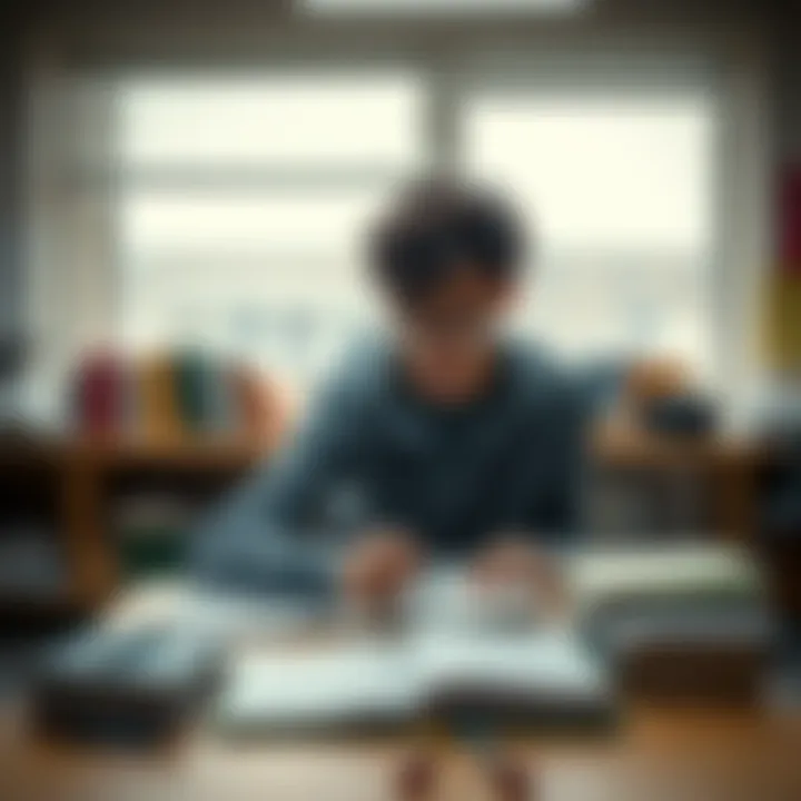 An anxious IGCSE student sitting at a desk with books and notes, looking hopeful while writing down manifestation techniques for exam success.