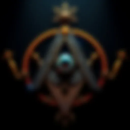 A depiction of the Illuminati and Freemasons symbols, featuring an eye within a pyramid and Masonic tools, against a dark background