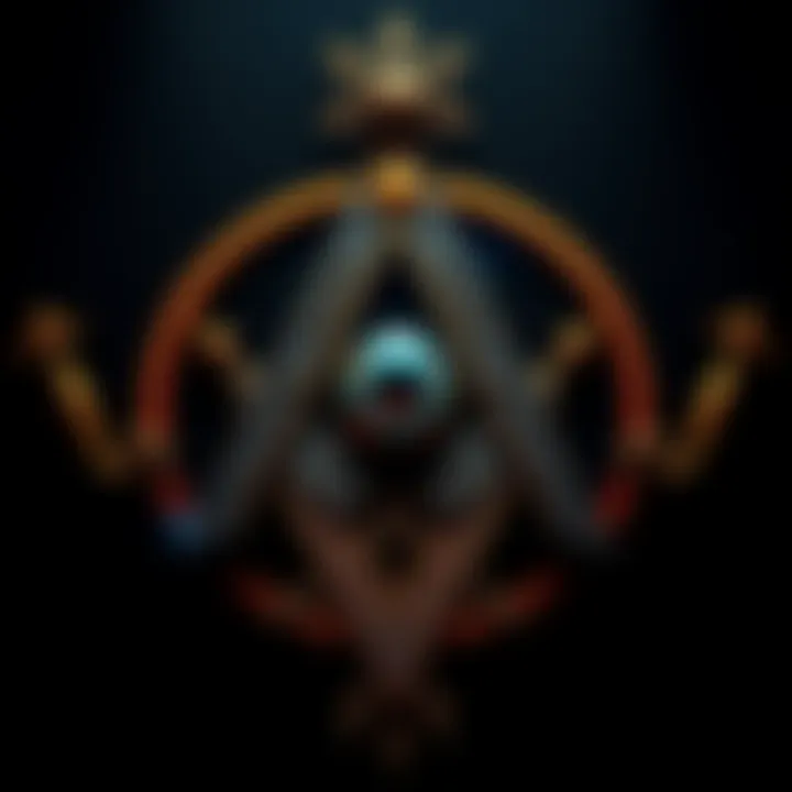 A depiction of the Illuminati and Freemasons symbols, featuring an eye within a pyramid and Masonic tools, against a dark background