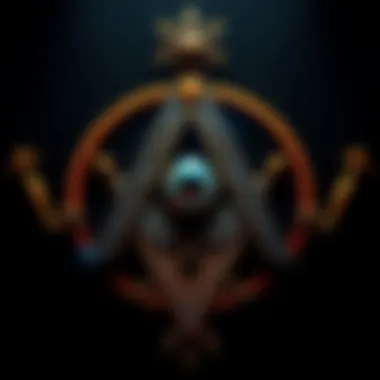 Illuminati and Freemasons Symbolism A depiction of the Illuminati and Freemasons symbols, featuring an eye within a pyramid and Masonic tools, against a dark background
