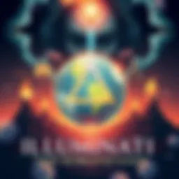 Illustration depicting symbols associated with the Illuminati game, including a globe and significant world events like 9/11 and COVID-19, with a mysterious background.