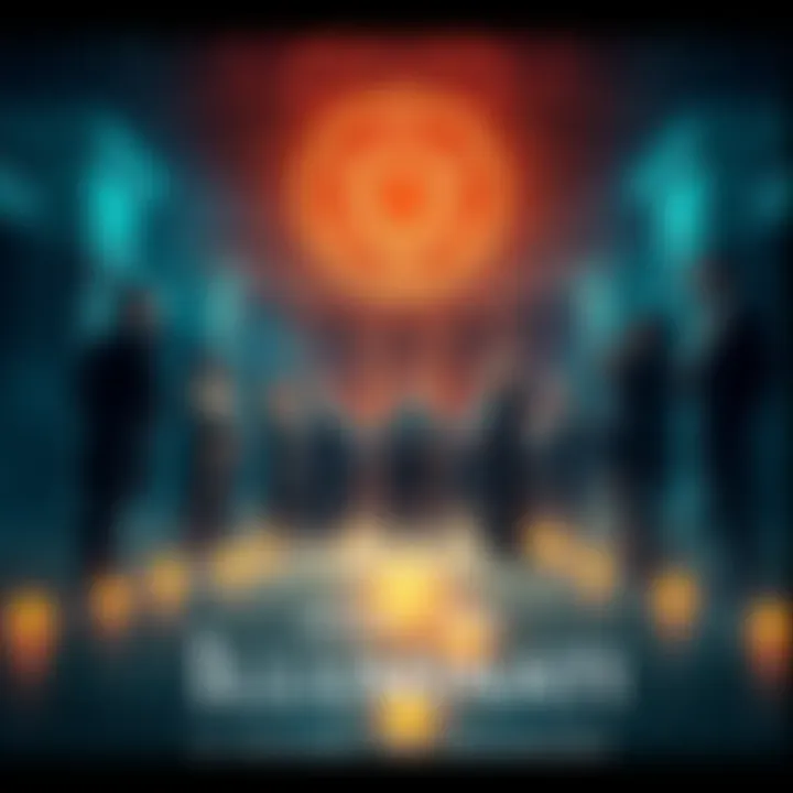 A group of people in formal attire gathered in candlelight, discussing a secret society.