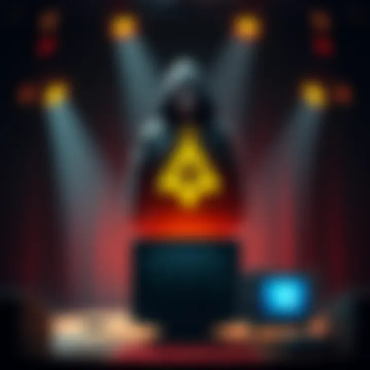 A dark figure representing the Illuminati watches over a stage and television, symbolizing control over media and society.