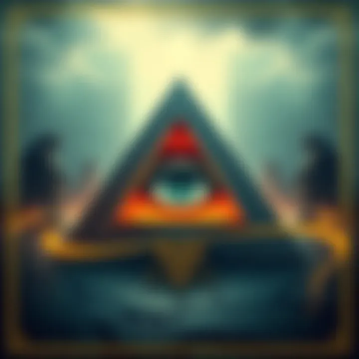 A detailed illustration of an eye within a pyramid, symbolizing the Illuminati, surrounded by ancient symbols.