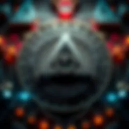A close-up of the Illuminati eye symbol surrounded by mysterious text and symbols.
