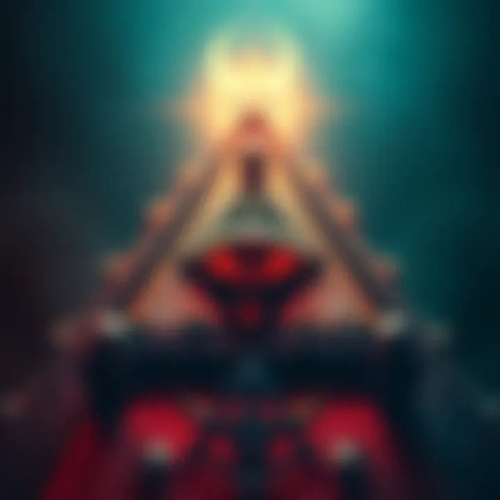 A close-up of the Illuminati symbol featuring an eye within a pyramid, surrounded by various symbols representing secret societies.