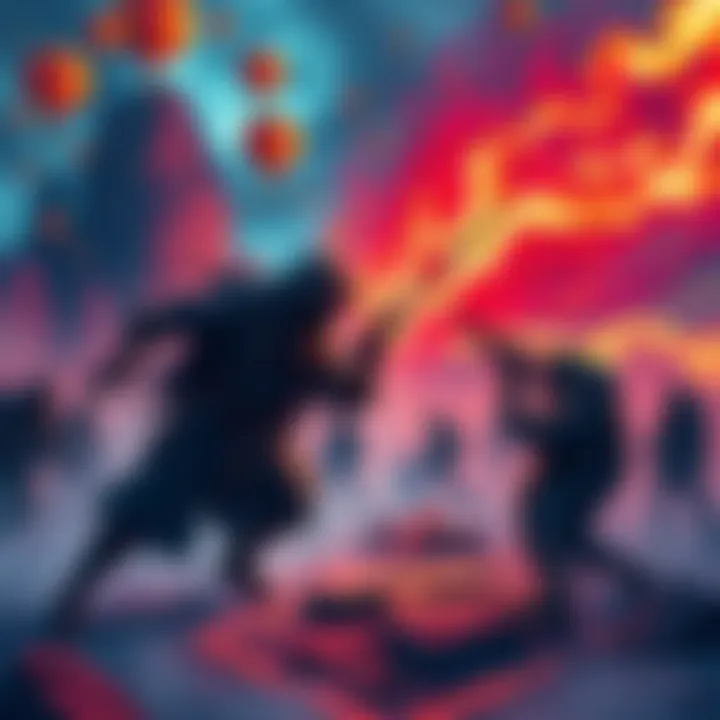 A digital illustration showing two imaginary characters in a confrontation within a surreal environment, reflecting the debate on killing imaginary beings during shifting experiences.