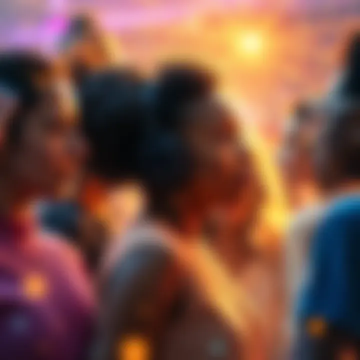 Imagination in Action A group of diverse people visualizing positive outcomes for each other, surrounded by a bright, colorful aura of creativity and connection.