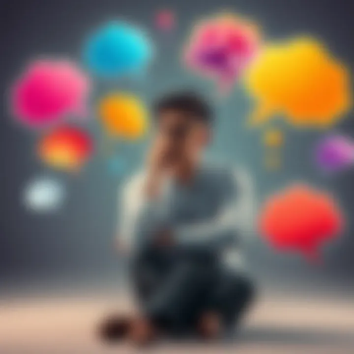 Imagination and Visualization Concepts A person sitting with a thoughtful expression, surrounded by colorful thought bubbles representing imagination and visualization, illustrating the concepts.