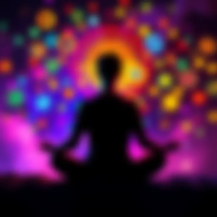 Person experiencing diverse sensations A person sitting in a meditative pose, surrounded by colorful lights and sensory elements representing sight, sound, touch, and smell.