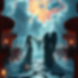 An ancient group of immortals meeting two fallen angels in a mystical setting.