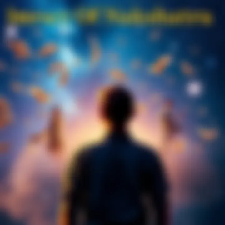 A person standing with a thoughtful expression, surrounded by symbols representing family ties and challenges, under a starry sky symbolizing Pushya Nakshatra.