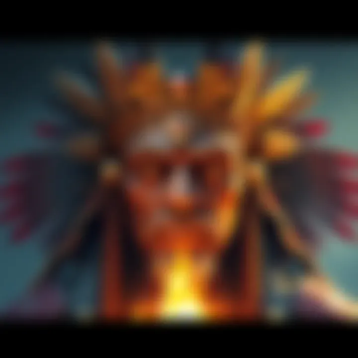 An artistic representation of a God King figure with distinct physical traits, surrounded by symbols of the Inca and Aztec civilizations, illustrating their connection to ancient cultures.