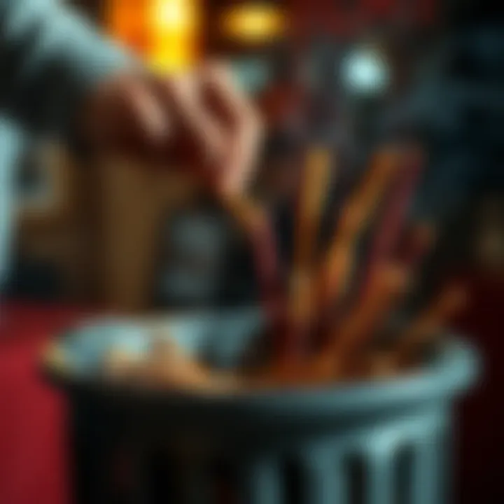 A person disposing of used incense sticks in a trash can.