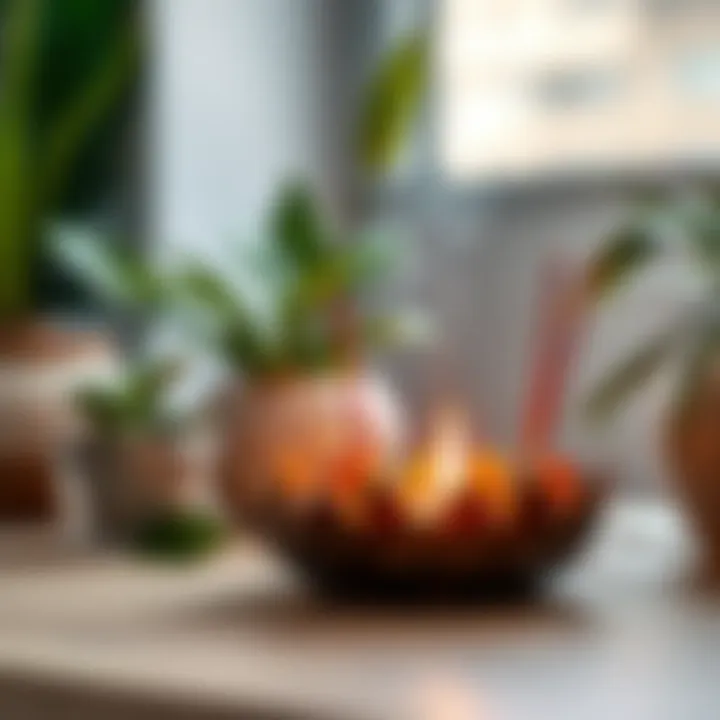 A close-up of incense sticks burning in a decorative holder, surrounded by soft lighting and plants.