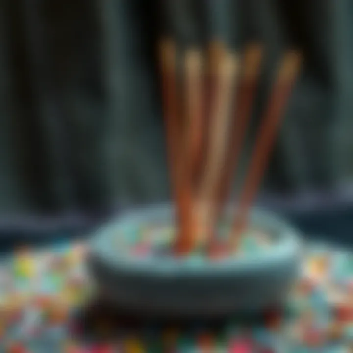 A close-up of an incense holder filled with sand, showcasing incense sticks standing upright amidst colorful materials like colored sand and aquarium gravel.