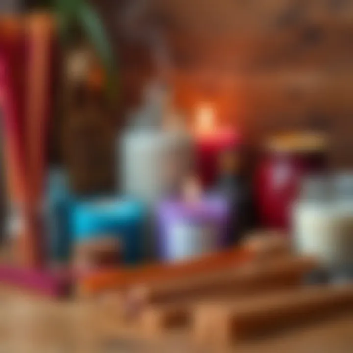 A collection of incense sticks and scented candles arranged on a wooden surface, showcasing various colors and styles.