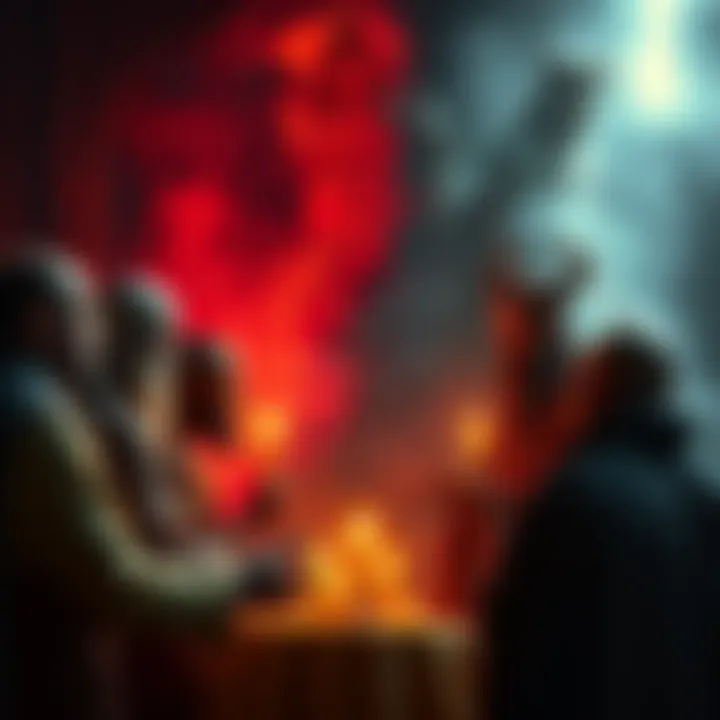 A group of people discussing beliefs about evil and the afterlife, with symbols representing different deities and philosophies.